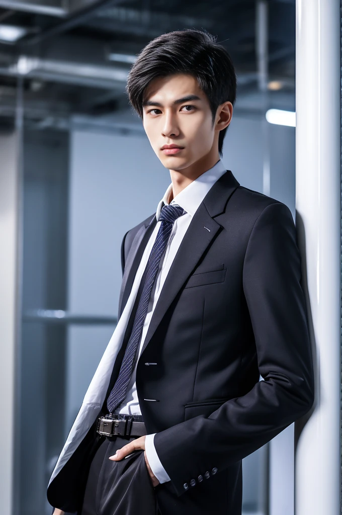 Generate an ultra realistic image of a handsome 20-year-old Chinese man, slim, slim, ectomomhe, asymmetrical face, new, CEO, passionate, serious and extremely cold countenance, CEO clothes, short black hair, face of a 20-year-old man