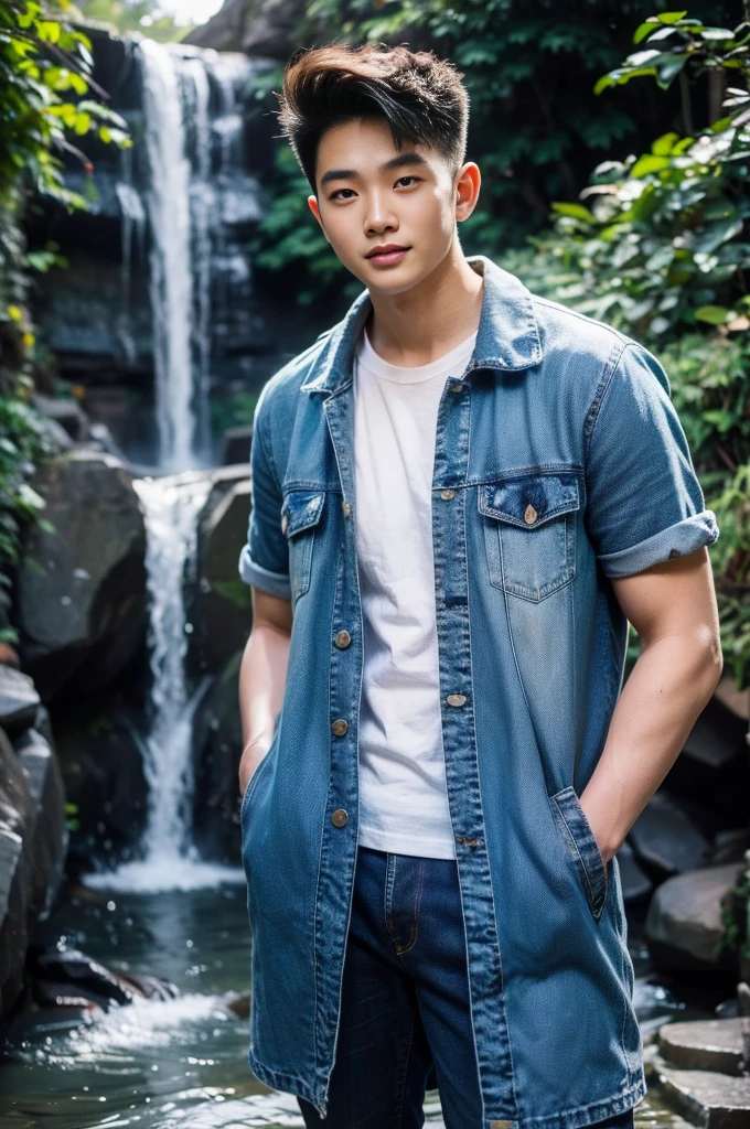 ((realistic daylight)) , Young Korean man in only a white t-shirt, no pattern. (Denim coat) Jeans, A handsome, muscular young Asian man looks at the camera. In a simple t-shirt blue and red , By the waterfall ,turn sideways