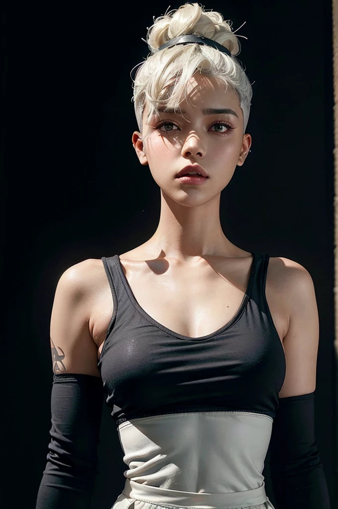 a 30 yo woman,(hi-top fade:1.3),long hair,dark theme, soothing tones, muted colors, high contrast, (natural skin texture, hyperrealism, soft light, sharp),thick bimbo revealing clothes