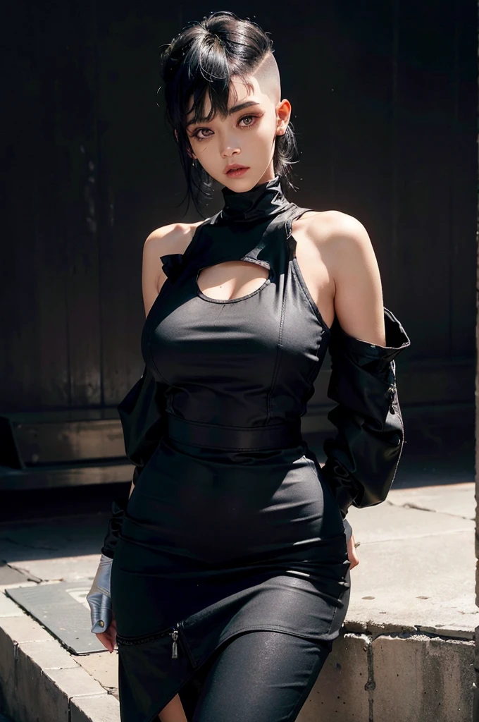a 30 yo woman,(hi-top fade:1.3),long hair,dark theme, soothing tones, muted colors, high contrast, (natural skin texture, hyperrealism, soft light, sharp),thick bimbo revealing clothes