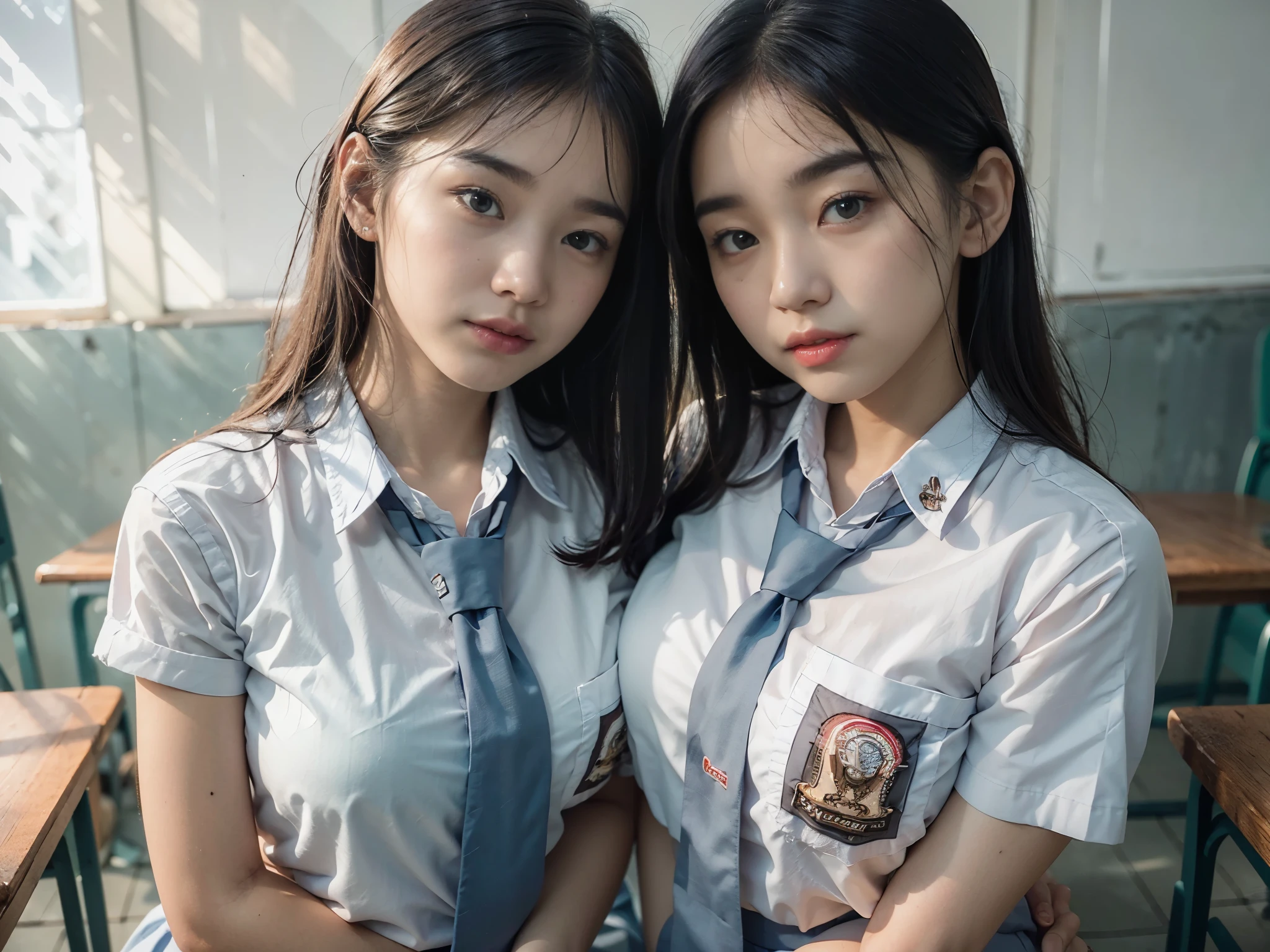 (upperbody:1.2), selfie portrait of (2 girls:1.5), beautiful cewe-sma wearing (highschool uniform, short sleeve, blue grey long tie, (bottomless:1.5)), serene expression, detailed facial features, flawless make-up, intricate embroidered patterns, (exposed hanging breast:1.2), slim body, sitting side by side with (crossed-legs, knees up), elegant pose, in the classroom, looks so cool, (foggy atmosphere:1.3), ((high angle, seen from forward):1.3), (facing forward:1.2), soft natural lighting, photorealistic, highly detailed, 8k, cinematic, dramatic, natural color tones,