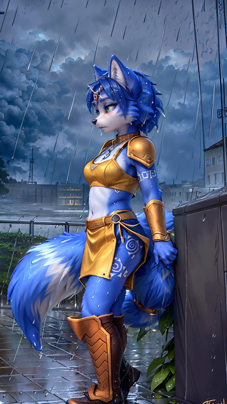 A beautiful and detailed (sweet picture) of ((Krystal)), Star Fox Krystal,  green eyes, medium breasts, (((Long blue hair 1.3))),  anthro, furry, (of Fluff-Kevlar, Bayard Wu, Personalami, Pino Daeni),  detailed fluffy fur, detailed face, (fluffy), 1 girl, alone, hair cover one eye:1.4, (((stands in the rain:1.4))), Heavy rain, storm, stands on a meadow, (((looks at the sky:1.4))), has a sad facial expression, to see from the side, to see in profile, wears tribal clothing, wears tribal top with leather armor