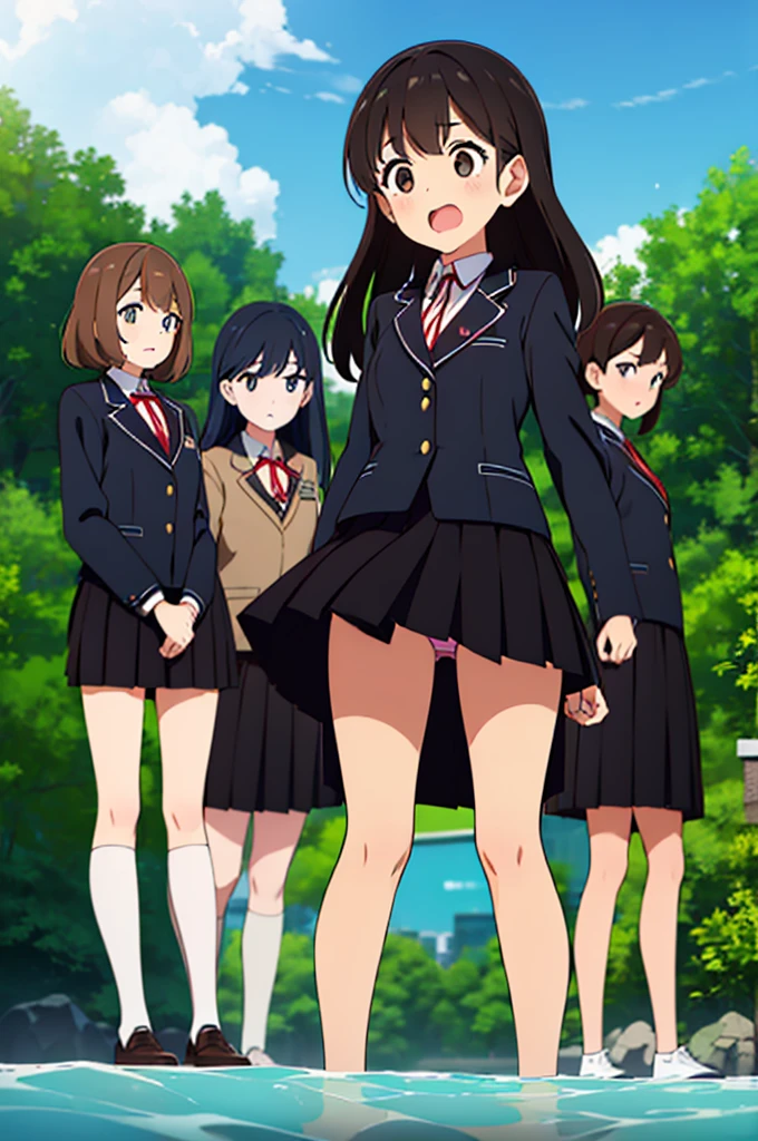 (Three Women:1.5) ,Dark Brown Hair,Black Hair,(Nose Brush:1.7) ,Surprised,Open your mouth,(school uniform),(Panties in full view:1.7),(Extremely high quality),(mini skirt),nature,river,Shiny legs, Thighs,Cute face,(Looking up from below),tall,squat