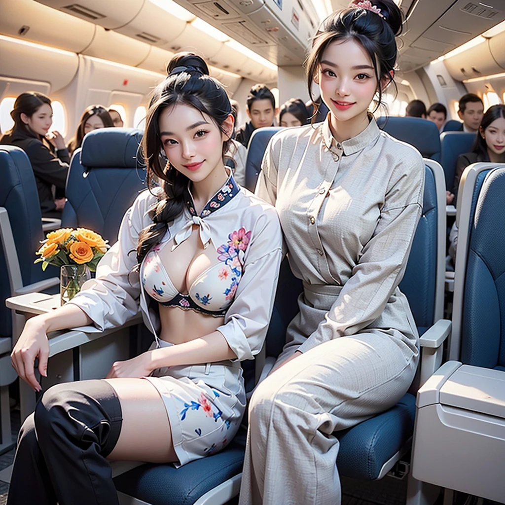 ((Highest quality、Tabletop、8K、Best image quality、Hyperrealism))、（（1 female stewardess、walk gracefully down the aisle、Cowboy Shot、Take a photo of her from the waist up))、((The background is the first class aisle of an airplane..))、((perfect stewardess uniform、Very short nylon scarf))、(Exposing the forehead、Hair Bun)、Big ample breasts、Biggest Smile、white big teeth、Perfect Makeup、Long eyelashes、Look at me、Have the best smile、Perfect Anatomy、Bright lighting
(((I can see the flower patterned bra)))
Full body photo