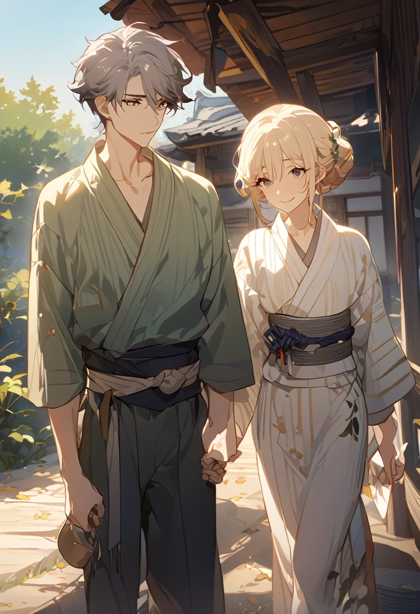 masterpiece, best quality, 8k ,4k, 2 boys, elf boys, long ears elf, twin elf, (one boy dark grayish hair with dark greenish eyes, torn and worn out clothes, yukata like clothes, thin body), (one boy light blond hair with dark bluish eyes, clean and neat clothes, yukata like clothes), stand side by side, holding hand, inspired by Asukaziye artist : ask, art style : ask
