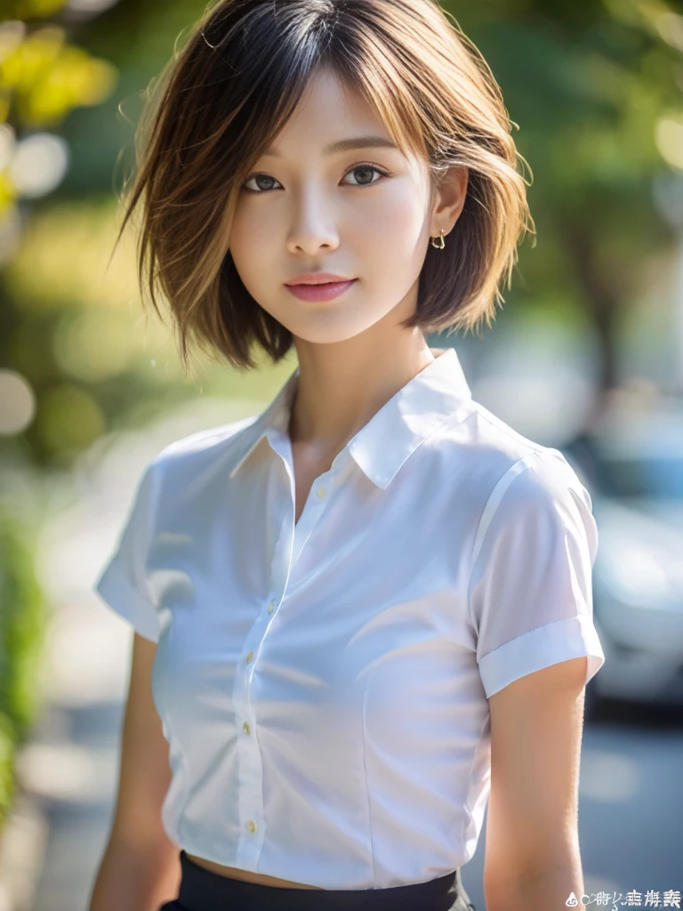 ((Highest quality、In 8K、masterpiece:1.3))、Sharp focus:1.2、Beautiful woman perfect body:1.4、Slim Abs:1.2、((Short Hair:1.2))、(trendy fashion in tokyo、shirt:1.1)、Background white、Wet body:1.5、Three-dimensional texture、Detailed eyes、（Brown Hair、Black Hair:1.2)、Very shiny hair、Backward view、Hair quality improvement、Handsome short、Short-haired blonde。