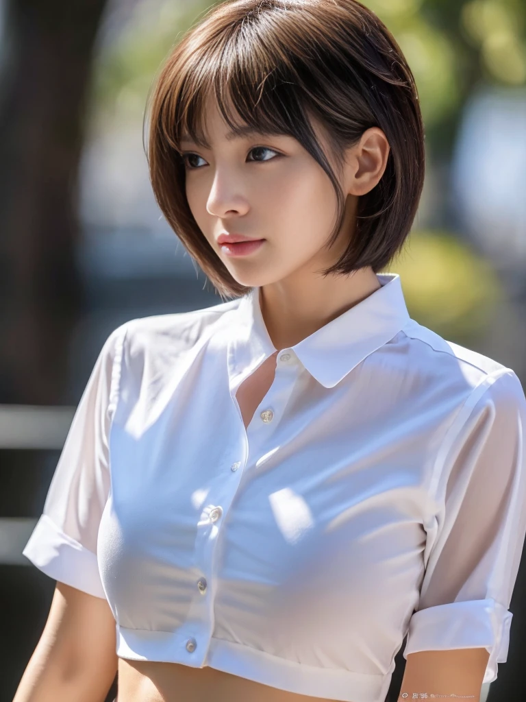 ((Highest quality、In 8K、masterpiece:1.3))、Sharp focus:1.2、Beautiful woman perfect body:1.4、Slim Abs:1.2、((Short Hair:1.2))、(trendy fashion in tokyo、shirt:1.1)、Background white、Wet body:1.5、Three-dimensional texture、Detailed eyes、(Brown Hair、Black Hair:1.2)、Very shiny hair、Backward view、Hair quality improvement、Handsome short、Short-haired blonde。