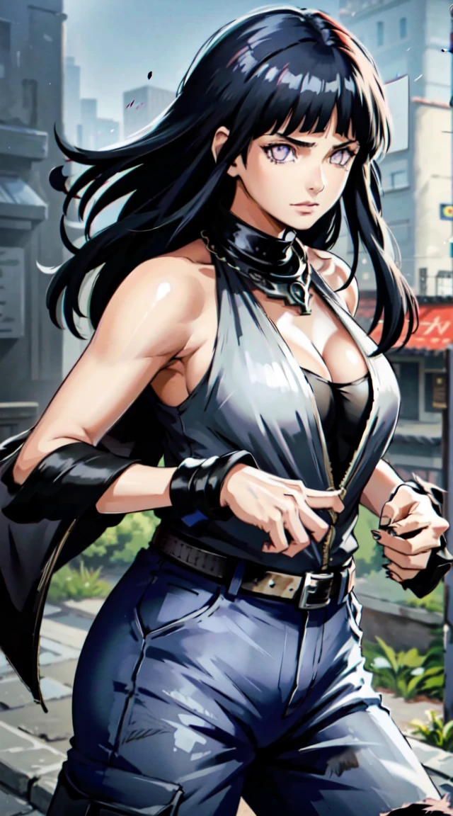 masterpiece,stunning realistic,best quality,sharpness,sharp face,smil，Rot im Gesicht sein，Photo of the upper body
black long hair，purple eyes,big ,tanktop,cargopants with many pockets,black cloak,silver necklace,silver chain,black gloves