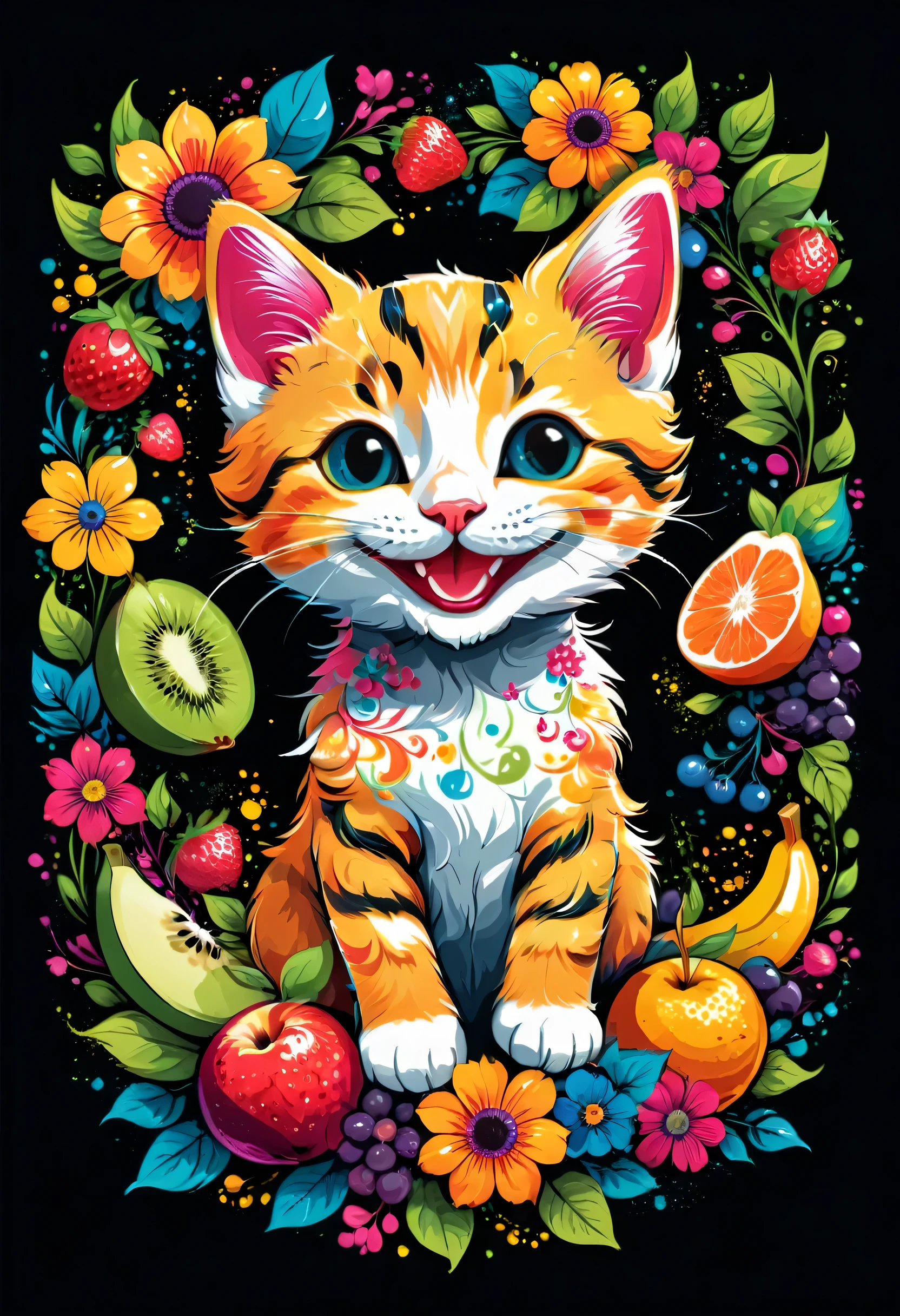  arte vetorial para  t-shirt design, of a colorful illustration of smiling little kitten, At the center, swirly vibrant colors, flowers, fruits, high détail,black backdrop.t-shirt design.
(artwork, best quality, proffesional, perfect composition, very aesthetic, absurdrez, super verbose, Intricate details:1.3)