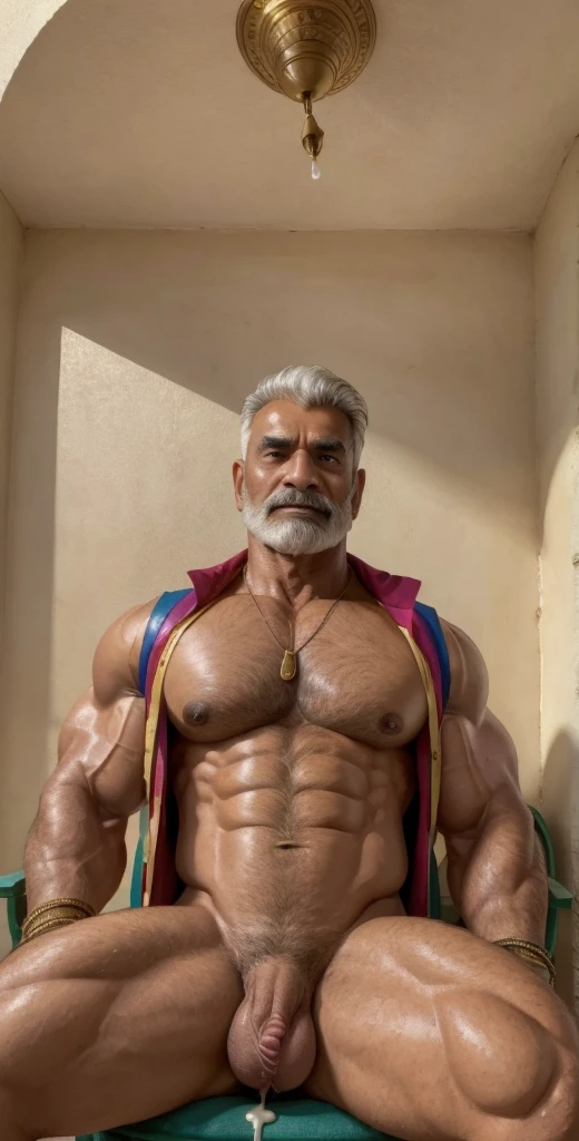 (masterpiece, intricately detailed, highest resolution, best quality:1.2), (doujin), a cocky old Indian pajeet, a 24 y.o muscle stud with a muscular physique sitting on a chair with black eyes,very dark-skinned male, wearing a ((open jacket, chav, armbands)), (excessive cum), (cum on body), (cum drip), flaccid penis,saggy balls,hairy chest,vascular,muscle striations,soft light,fantastic realism,
