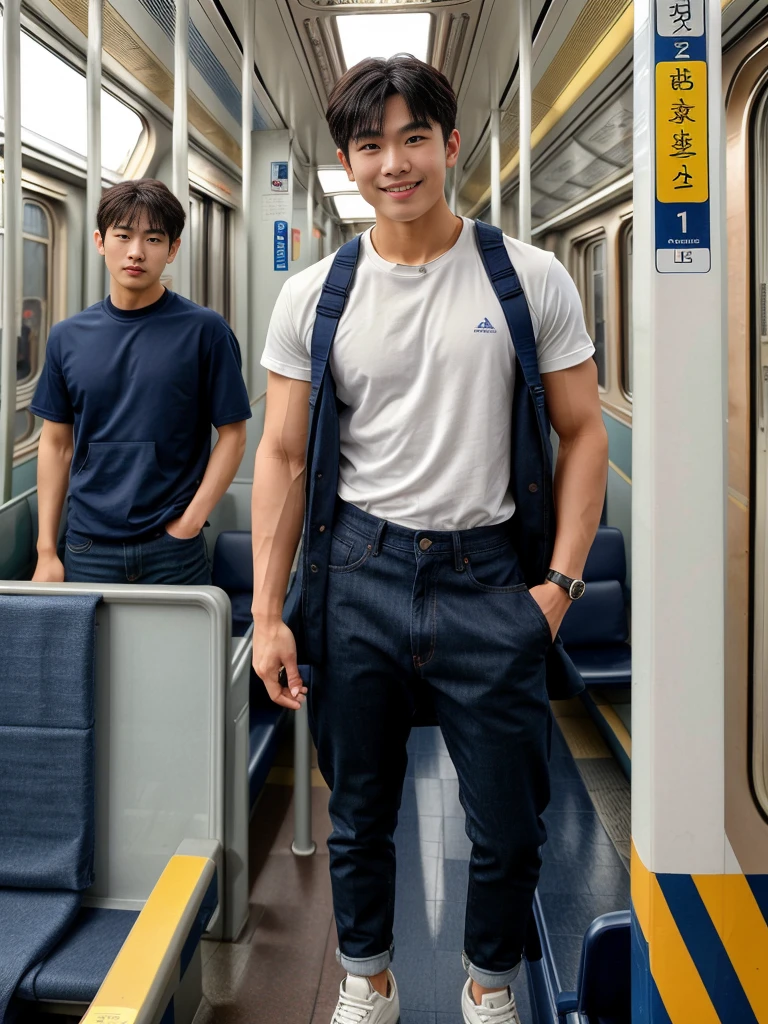 独奏: 1.5, (As a matter of fact, Masterpiece, 8k HD, good light quality, sportswear, fit the face, complicated details), A handsome Korean young man with muscular arms. , 20 years old, be happy, smile brightly, detailed face, delicate eyes, look at the sky, Wear a navy tight T-shirt.:1.6 ,Wear a denim coat., jeans period, black eyes, Black hair color, ผมsmooth, smooth，Surreal，Awesome details，Highest quality，real，Open your mouth to talk. , Close your eyes., (standing in train:1.5)