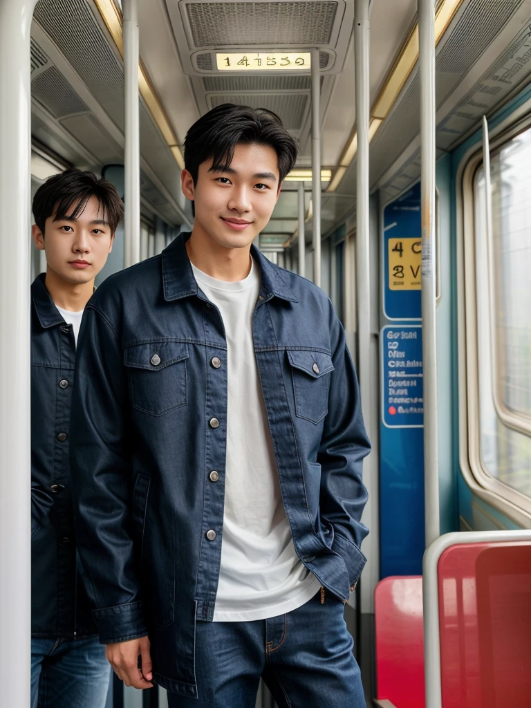独奏: 1.5, (As a matter of fact, Masterpiece, 8k HD, good light quality, sportswear, fit the face, complicated details), A handsome Korean young man with muscular arms. , 20 years old, be happy, smile brightly, detailed face, delicate eyes, look at the sky, Wear a navy tight T-shirt.:1.6 ,Wear a denim coat., jeans period, black eyes, Black hair color, ผมsmooth, smooth,Surreal,Awesome details,Highest quality,real,Open your mouth to talk. , Close your eyes., (standing in train:1.5)