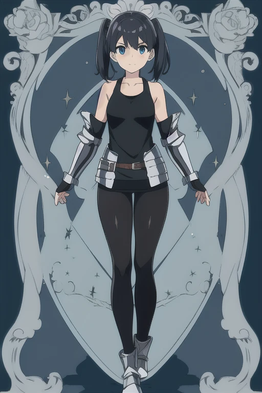 An anime picture, a perfect body, full body, villages background, female warrior, black twin tails, tank top armor, black armor, and black leggings