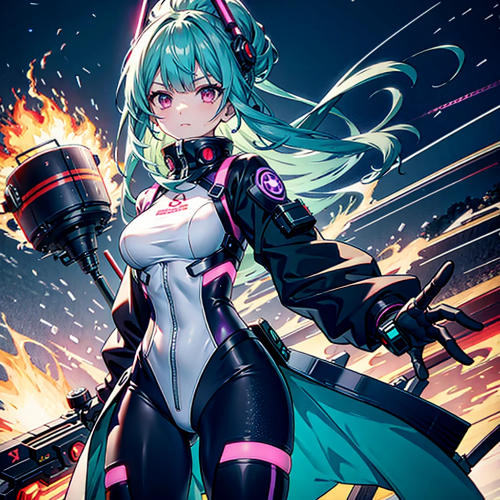 (Tabletop), (Perfect athletic body:1.2), Anime Style, whole body, Cyberpunk Girl, Sea green twin hairstyle with red eyes, Wearing a Cyber Costume, Black and Purple Flaming Fist, Burnt mechanical limbs, Standing in the Wilderness, Flame burning in the chest, White Background, whole body,composition