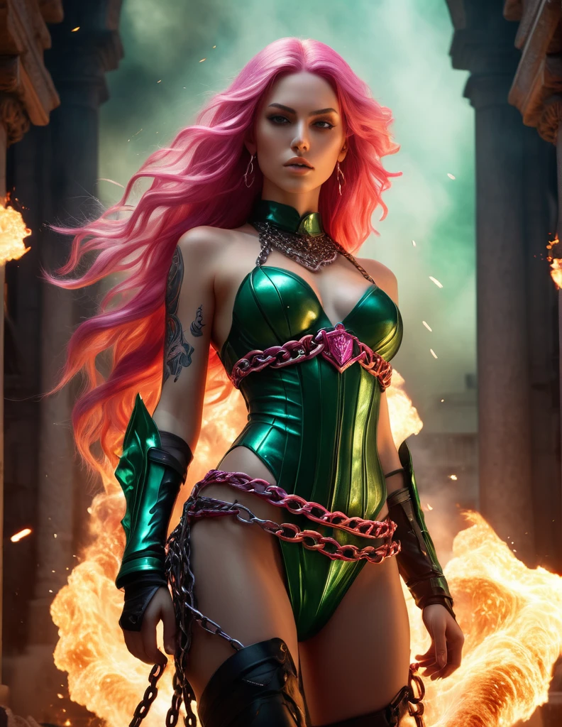 very attractive 25 year old female with long wavy bright pink hair, (best quality,4k,8k,highres,masterpiece:1.2),ultra-detailed,(realistic,photorealistic,photo-realistic:1.37), a beautiful white-skinned warrior with long bright pink hair:1.3 chained and wrapped in burning chains,view from below,illustration,metallic texture,demonic, wielding immense power,melting chains,scorching heat,rays of light piercing through the cracks,ominous shadows,exquisite detailing,steaming heat waves,smoke rising,,fireworks-like sparks,dramatic composition,dark fantasy,emerald flames,burning tattoos,fiery destruction,apocalyptic scene,crumbling ruins,distant flames,molten lava, masterpiece, best quality:1.2),,(8k,highres,RAW photo,realistic,photo-realistic:1.3),(detailed skin texture,detailed cloth texture,beautiful detailed face:1.25),professional lighting,photon mapping,beautiful soft light,radiosity,physically-based rendering,raytracing, model shoot style, model shoot style, (extremely detailed CG unity 8k wallpaper), full shot body photo of the most beautiful androgen.