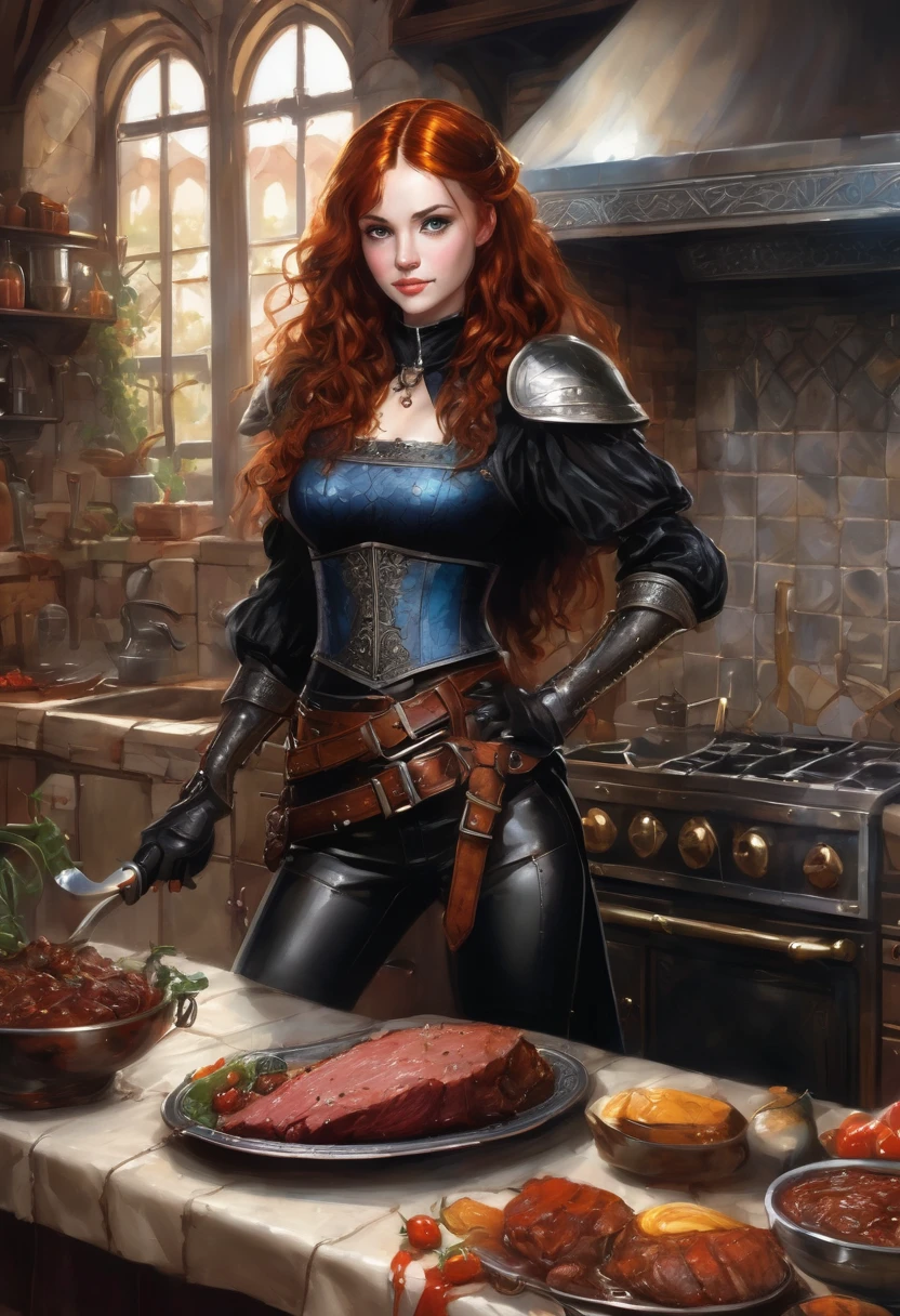 a super mega beautiful attractive cannibal young girl with round head, redhead curled long hair, short ,blue eyes, black collar,  Medieval black leather armor,brown leather belt,black tight pants, black boots , she standing in kitchen and happy to carnivorous her boyfriend's meat on table, gothic, ultra realistic, romantic,the middle ages