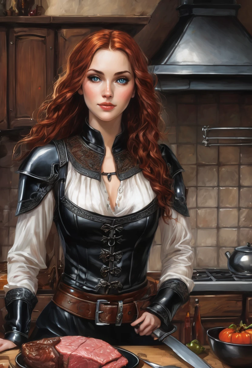 a super mega beautiful attractive cannibal young girl with round head, redhead curled long hair, short ,blue eyes, black collar,  Medieval black leather armor,brown leather belt,black tight pants, black boots , she standing in kitchen and happy to carnivorous her boyfriend's meat on table, gothic, ultra realistic, romantic,the middle ages