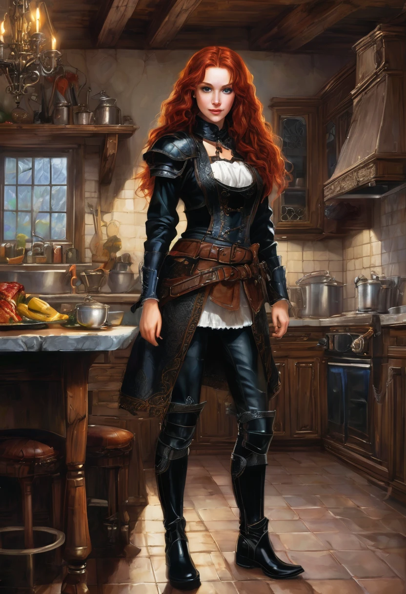 a super mega beautiful attractive cannibal young girl with round head, redhead curled long hair, short ,blue eyes, black collar, Medieval black leather armor,brown leather belt,black tight pants, black boots , she standing in kitchen and happy to carnivorous her boyfriend's meat on table, gothic, ultra realistic, romantic,the middle ages