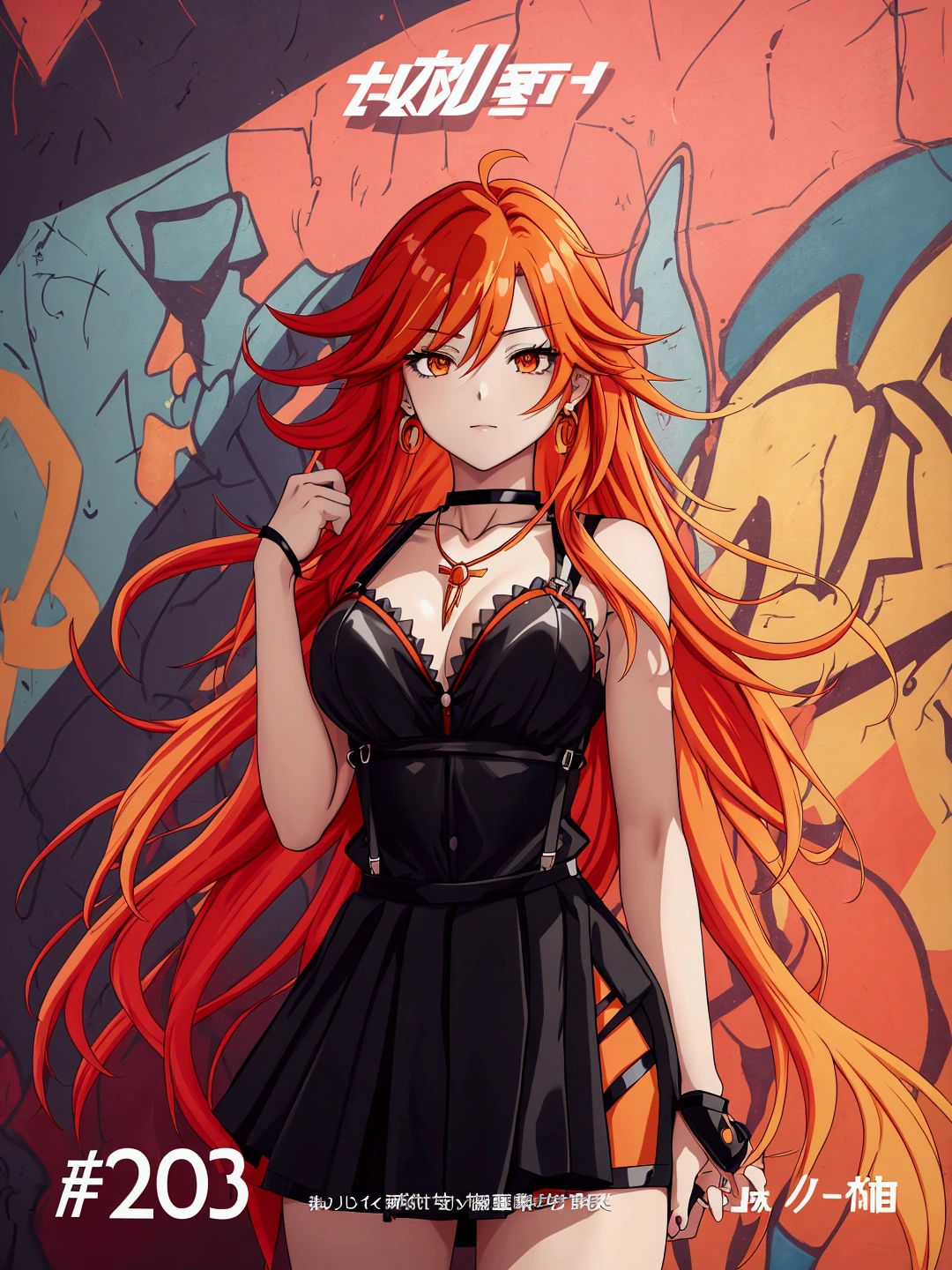 Anime girl in red, orange and black suspender skirt in front of graffiti wall, 25 years old,long hair anime girl, She has long orange-yellow hair., Attractive anime girl,Bare arms,Bare arms,Bare legs,Black necklace,Front view,First Perspective,high quality,16K,Exciting appearance,very clearly,Exquisite mature facial,Royal sister,Simple black suspender skirt,Alone,Standing front