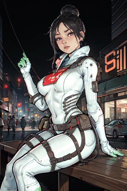 (masterpiece:1.4), (Surreal:1.2), (Highest quality:1.2), High resolution, Absurd, beautiful eyes, Fine grain, Watching Watching the viewers, neon lines, Background Cyber City, Night view, sitting on a bench on the street, Have a coffee, Apex Legends logo sign, One girl, alone, Black Hair, Animating, Ghost (Apex Legends), gloves, Bodysuits, Grey Eyes, white Bodysuits, White footwear, Sexy Looks, Realistic, beautiful, Highly detailed face, Perfect lighting, Large Breasts, Wide Hips, plump, Detailed aspect, tired, Detailed hands and fingers, Open your arms