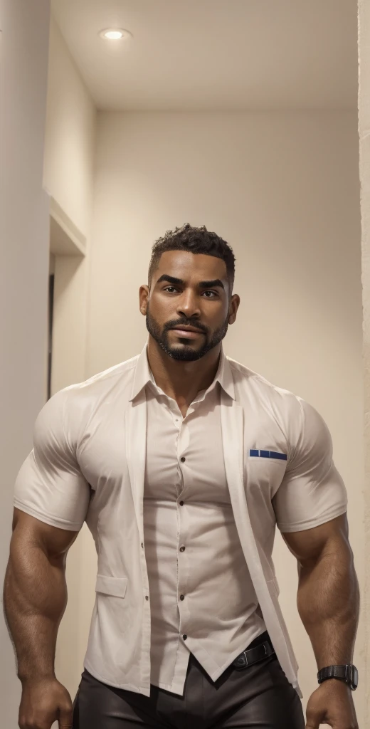 1boy, Egyptian, solo, facial hair,34 yrs old, dom, male focus, bara, muscular, mature male, muscular male, beard, short hair, thick eyebrows, brown-skinned male, thighs, fancy suit, dark skin, tie, tight white shirt, tight pants, open jacket, black police suit, police uniform, feet out of frame, thick thighs, looking at viewer, masterpiece, 4k, high quality, highres, absurdres,