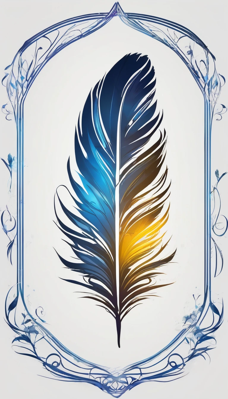 Create a minimalistic, simple, fantastic, easy to understand, logo design of a unique, poetic  feather for an upcoming Fantasy Role Playing Game called " Penamemoria". Create a logo design that transmits the idea of a feather that brings memories. It´s a fantasy feather, with fantasy elements. Create the logo in the center and a fantasy theme as background. Use the colours blue, white, yellow in the logo. The logo design must convey a sense of fantasy, dreams and music. Must convey a feeling of a Memory Feather