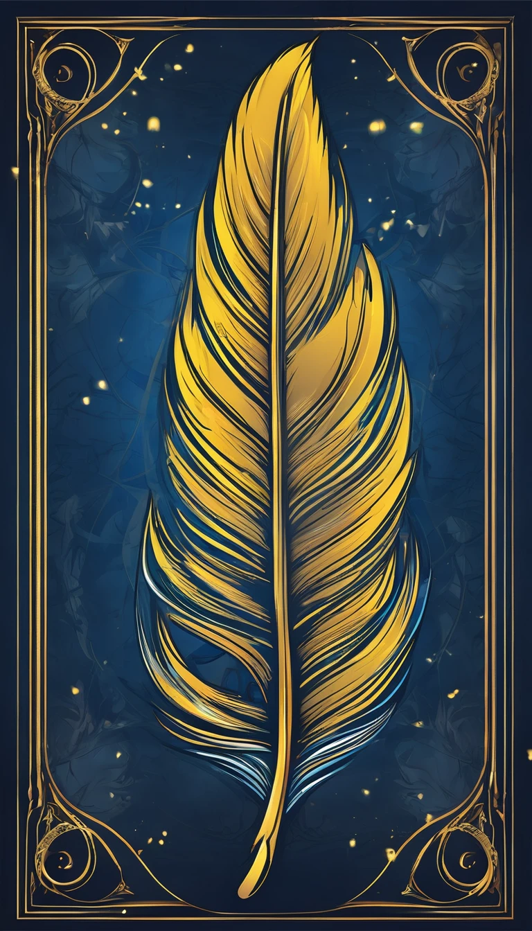 Create a minimalistic, simple, fantastic, easy to understand, logo design of a unique, poetic feather for an upcoming Fantasy Role Playing Game called " Penamemoria". Create a logo design that transmits the idea of a feather that brings memories. It´s a fantasy feather, with fantasy elements. Create the logo in the center and a fantasy theme as background. Use the colours blue, white, yellow in the logo. The logo design must convey a sense of fantasy, dreams and music. Must convey a feeling of a Memory Feather
