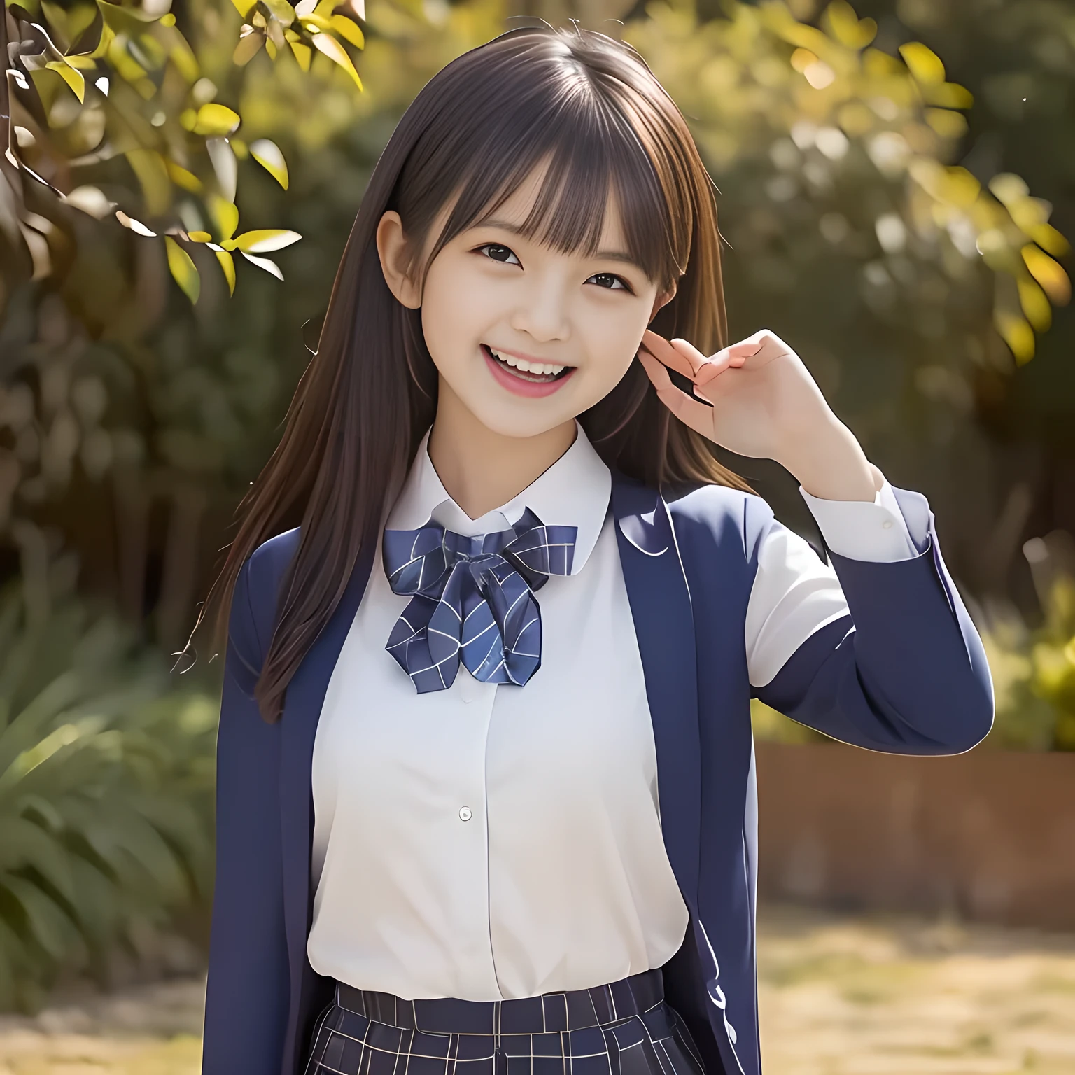 (Highest quality, masterpiece:1.2), Highest quality, High resolution, 1080P, 8K, height: 165cm, ((A noble and intelligent girl who looks like a best proportion Japanese young lady is giggling while magically hypnotizing the viewer)), ((So sweet, very noble, cute and pretty Japanese beautiful cute girl)), ((A real, very girly, sweet, cute and noble girl)), ((((A smiling beautiful Japanese cute fashion model)))), ((((Very pure white face and limbs)))), Glossy Lips, (Evenly cut bangs), ((Very beautiful, smiling brown, droopy, cute, pure, noble eyes)), ((Super long, straight black hair that reaches the floor)), Very shiny, Glossy Lips, Open hand over open mouth, Beautiful straight hair like a hair model, Watch and laugh at your audience, ((Incredibly well organized, Rich facial expressions. Plump and beautiful white skin and face)), ((Pure, clear, gentle smiling eyes)), ((Smile at me)), Glossy Lips, ((Noble and elegant)), ((As the succubus charms you with her magic and giggles)), ((((Succubus is fascinating、Calling to the depths of eternity)))), Very beautiful blue skirt, ((Large upward-curving lips)), ((Look directly at the viewer)), White Hand, ((Navy Japanese School Blazer, Navy and sapphire blue Japanese school uniform tartan check pattern pleated long skirt, Blue string ribbon tie)), ((((An ecstatic expression of boundless joy)))), ((White flowers with white leaves with white snow garden background))