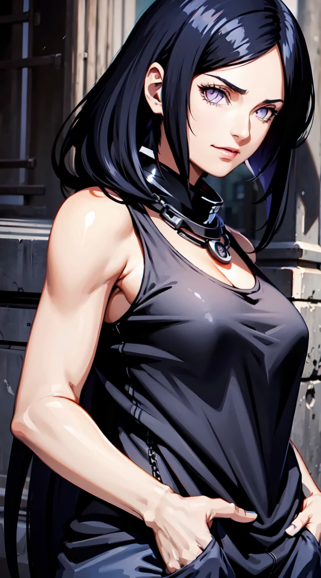 masterpiece,stunning realistic,best quality,sharpness,sharp face,smil,Rot im Gesicht sein,Photo of the upper body
black long hair,purple eyes,big ,tanktop,cargopants with many pockets,black cloak,silver necklace,silver chain,black gloves