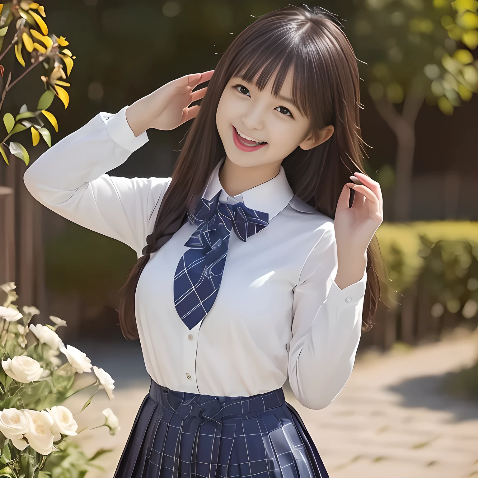 (Highest quality, masterpiece:1.2), Highest quality, High resolution, 1080P, 8K, height: 165cm, ((A noble and intelligent girl who looks like a best proportion Japanese young lady is giggling while magically hypnotizing the viewer)), ((So sweet, very noble, cute and pretty Japanese beautiful cute girl)), ((A real, very girly, sweet, cute and noble girl)), ((((A smiling beautiful Japanese cute fashion model)))), ((((Very pure white face and limbs)))), Glossy Lips, (Evenly cut bangs), ((Very beautiful, smiling brown, droopy, cute, pure, noble eyes)), ((Super long, straight black hair that reaches the floor)), Very shiny, Glossy Lips, Open hand over open mouth, Beautiful straight hair like a hair model, Watch and laugh at your audience, ((Incredibly well organized, Rich facial expressions. Plump and beautiful white skin and face)), ((Pure, clear, gentle smiling eyes)), ((Smile at me)), Glossy Lips, ((Noble and elegant)), ((As the succubus charms you with her magic and giggles)), ((((Succubus is fascinating、Calling to the depths of eternity)))), Very beautiful blue skirt, ((Large upward-curving lips)), ((Look directly at the viewer)), White Hand, ((Navy Japanese School Blazer, Navy and sapphire blue Japanese school uniform tartan check pattern pleated long skirt, Blue string ribbon tie)), ((((An ecstatic expression of boundless joy)))), ((White flowers with white leaves with white snow garden background))