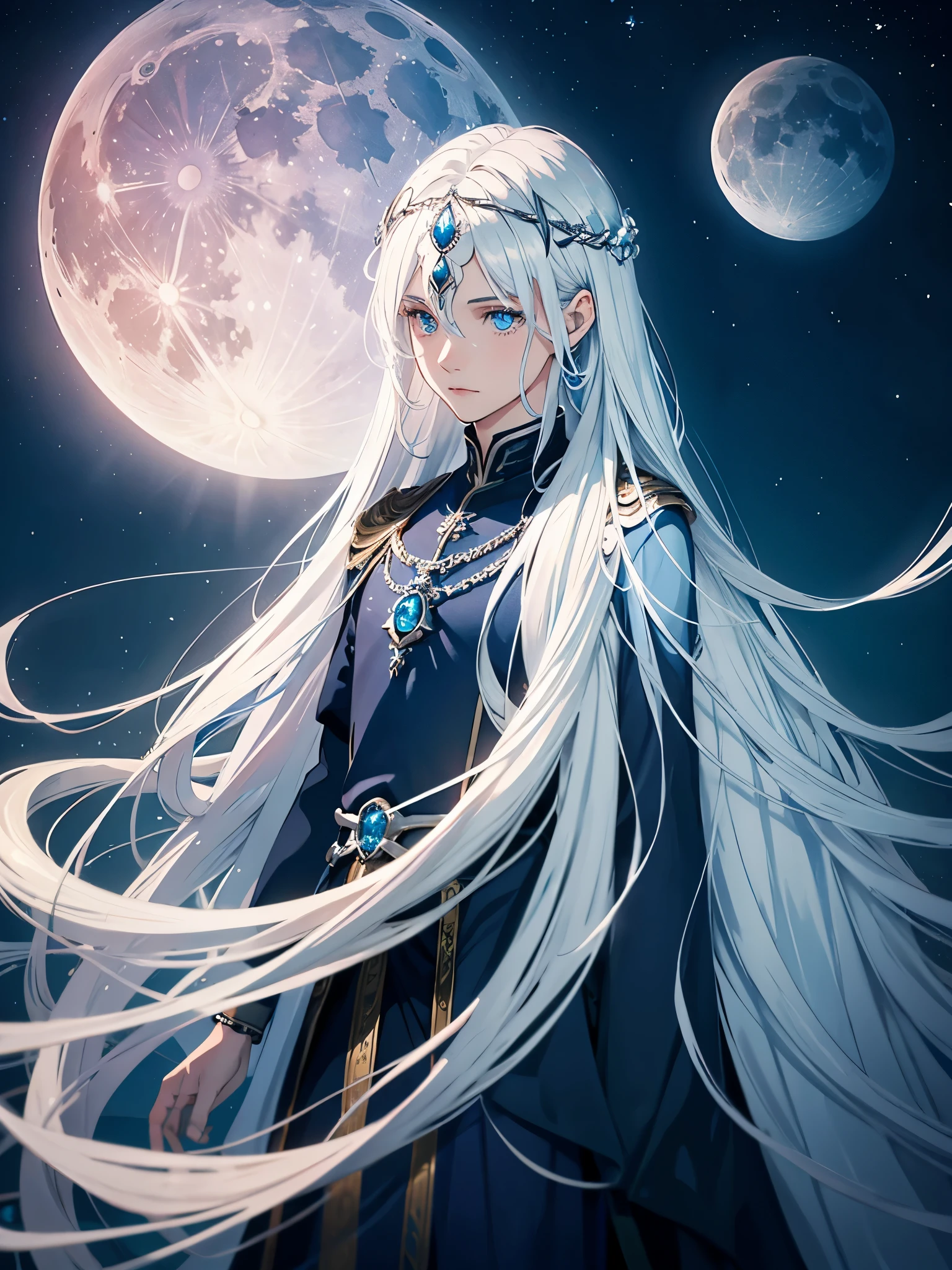 Blue light. Göttlich. Mystisch. Long hair. long white hair. aquatic, boy, Goddess of the Moon, silver hair accessories, White hair, White dress, cape, at night, saturated colors, light eyes, bright, light blue light, blue eyes, Jewelry silver, bluish light, Full moon in the background, aquatic in der Luft rosa kerzen