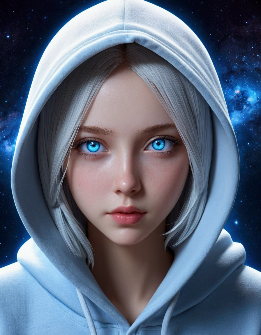 (Blue Eyes), Superior Quality, masterpiece, High resolution, 8K, cute girl wearing a hoodie, With a girl, Detailed line drawing, digital improvement, Shut, Anime Core, fluid fabric,corruption,Torogao,Multiple Representations,I see peace in my eyes,Galaxy in the eye:1.3