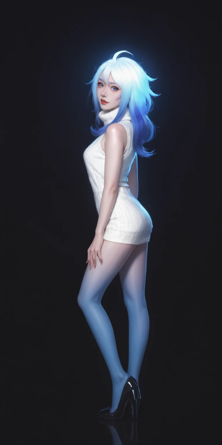 score_9, score_8_up, score_7_up, score_6_up, 
 1girl, solo,full body, Kindred \(league of legends\),  looking at viewer, black background, side lighting, back lighting, turtleneck sweater, realistic, sleeveless, makeup, glowing,