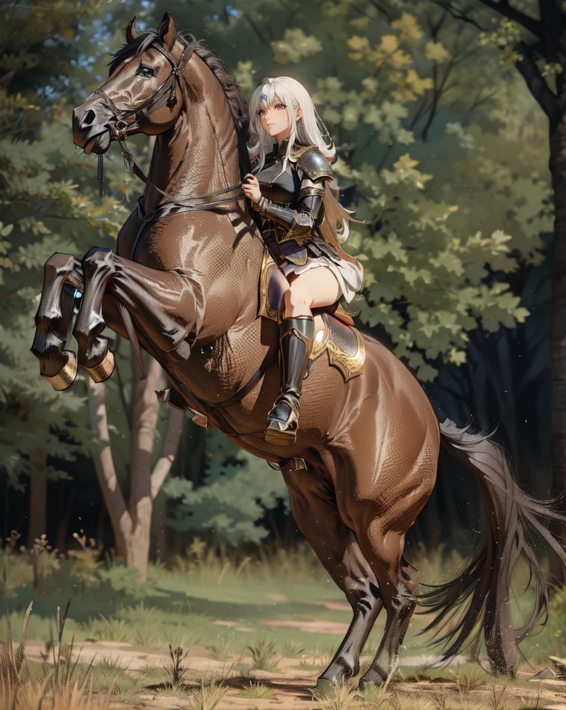 ((best quality)), ((anime masterpiece)), (high detailed), 8k, cinematic lighting, realistic, HDR, vivid color, a female knight riding a BROWN HORSE, long hair, {black hair}, (white armor, black gauntlet, black miniskirt, black boots), forest, anatomically correct
