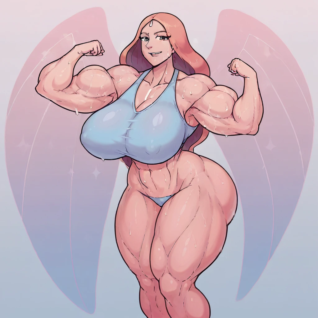 queen angela (she-ra and the princesses of power) , Women, very beautiful, Women enorme, Women musculosa, many muscles, giant muscles, bodybuilder body, a lot of effort, expression of great fury, very high, It measures almost 3 meters, too wide body, muscled body, very muscular, wide torso, Wide hips, wide legs, wide arms, too big muscles, huge arms, arms with huge muscles, huge breasts, very marked six pack, huge butt, Big legs, muscular legs, huge breasts, huge butt, excessive sweat, sportswear, a destroyed gym, standing, alone, looking at the viewer, close view