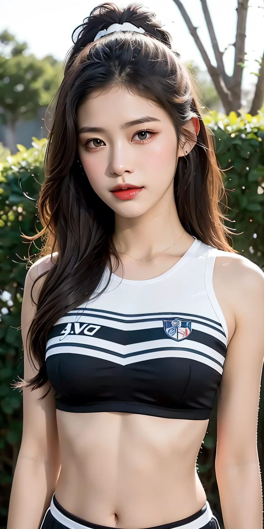 cheerleader,little smile,cheer leading,cheerleader uniform, (((masterpiece))), (((best quality))), ((ultra-detailed)), (illustration), ((an extremely delicate and beautiful)),(bokeh,blurry background),(best shadow), 1girl,white panties, black hair, long hair, kawaii,cute,, shine Highlight Spot on eyes, character focus,head tilt,