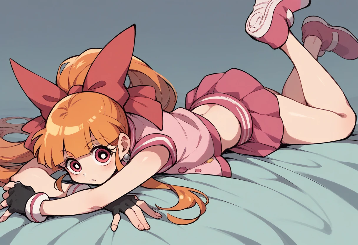 akazutsumi_momoko, laying on stomach, pink vest, pink skirt, pink shoes, orange hair, ribbon, long hair, black fingerless gloves