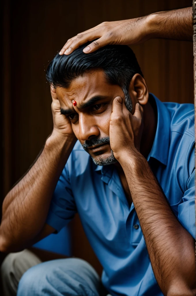 Blue shirt realistic indian sad man holding his head