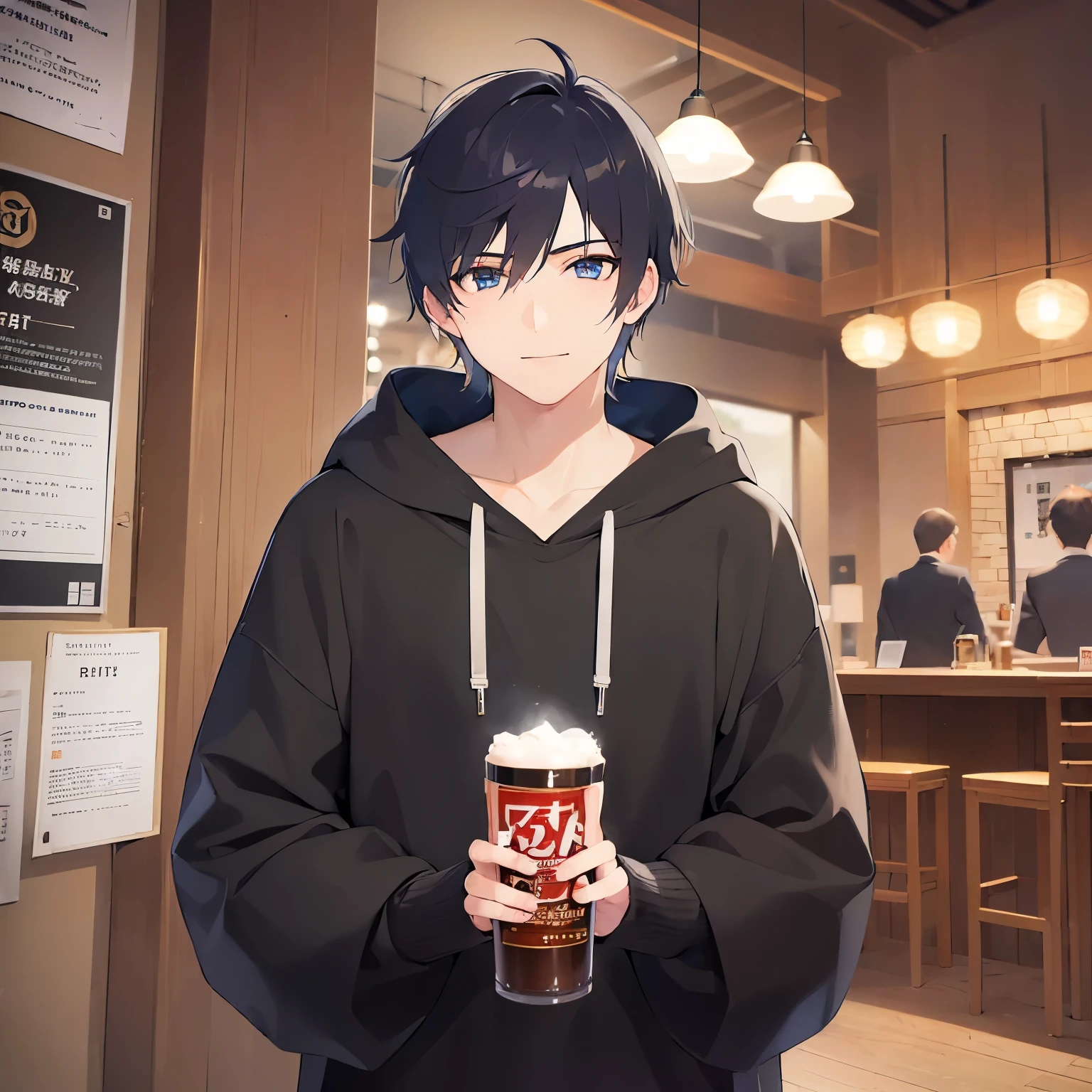 (25-year-old male:1.5) and (Black short hair) and (blue eyes),lookin at viewer,upper body
shiny skin, masterpiece、Highest quality、
black hoodie,
smile,The background is the interior of an izakaya at night.,Drinking beer
