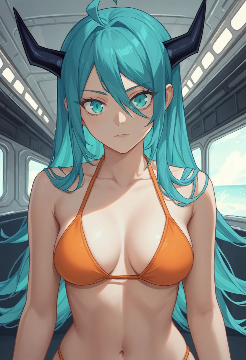 score_9, score_8_up, score_7_up,1 daemon woman, black  horns, black demon tail, (aquamarine hair),aquamarine green color hair,ahoge, long hair, (long hair),bangs, light orange bikini, bikini is orange, bikini orange, orange bikini!, (aquamarine eyes), background is spaceship, aquamarine eyes, 1woman ,facing viewer, daemon girl,  close up,Well-endowed, alone, Spacecraft interior, sexy pose