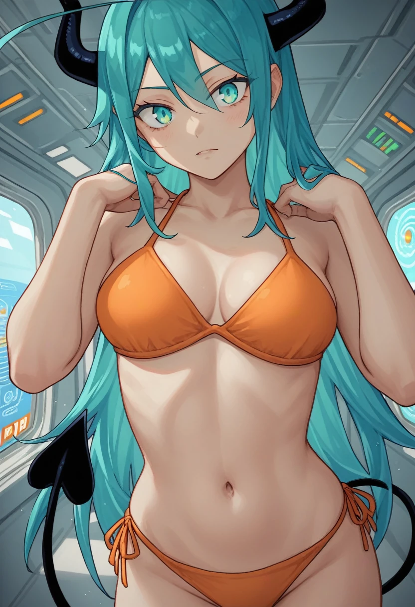 score_9, score_8_up, score_7_up,1 daemon woman, black horns, black demon tail, (aquamarine hair),aquamarine green color hair,ahoge, long hair, (long hair),bangs, light orange bikini, bikini is orange, bikini orange, orange bikini!, (aquamarine eyes), background is spaceship, aquamarine eyes, 1woman ,facing viewer, daemon girl, close up,Well-endowed, alone, Spacecraft interior, sexy pose