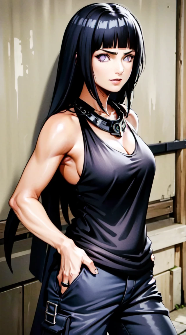 masterpiece,stunning realistic,best quality,sharpness,sharp face,smil，Rot im Gesicht sein，Photo of the upper body
black long hair，purple eyes,big ,tanktop,cargopants with many pockets,black cloak,silver necklace,silver chain,black gloves