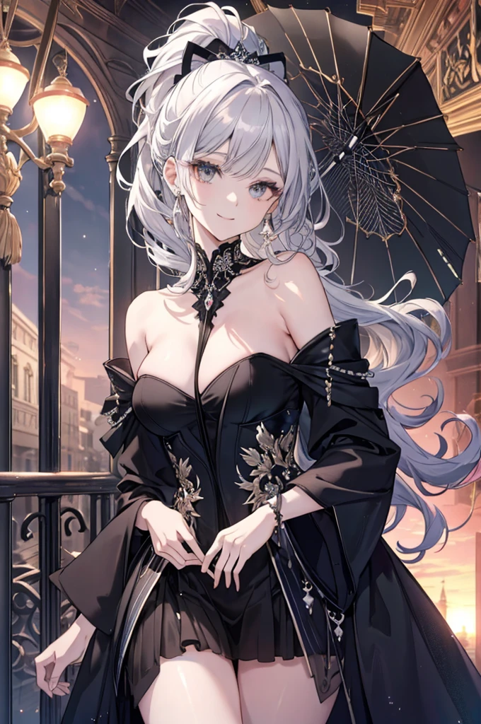 High resolution RAW color art, animation,Sculpture, Silver Marble Skin, (((Highly detailed elegant))), Magical atmosphere, Detailed skin, Detailed eyes、Detailed Hair、Detailed Fashion、texture,(Exquisitely crafted, The finer details, Ultra-detailed art), Depth of written boundary, Bokeh, Silky Touch, Hyper Detail,Beautiful Eyes, Elegant face, Up to the knees, Sunset sky, View from below, eye shadow、long hair、straight、Low Ponytail、Black clothes、Attractive breasts、Shoulder exposed、Robe、Smile、Bitch