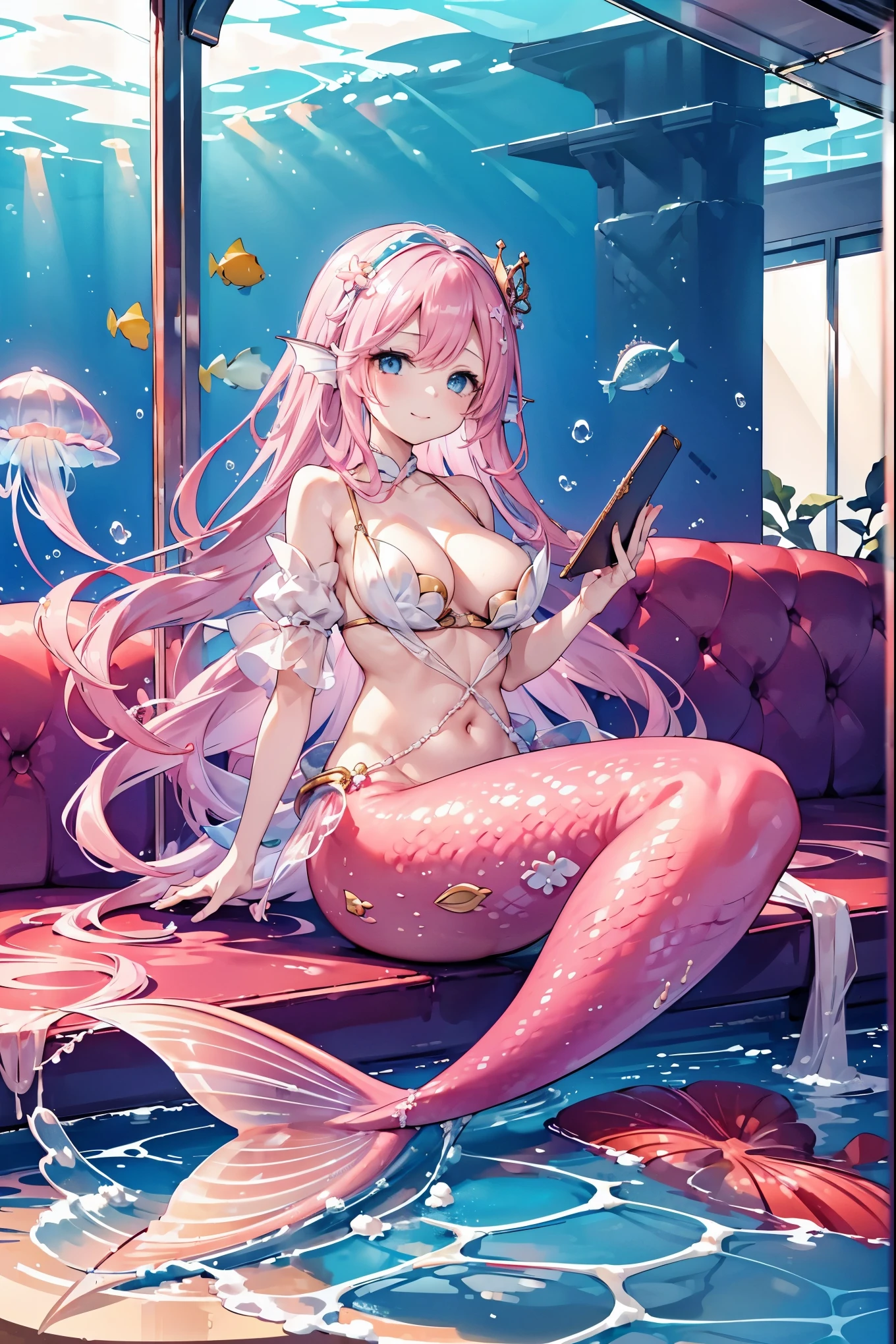 masterpiece, best quality,A girl,Pink hair,White Dress,blue eyes,Head fin,独奏,Large Breasts,Mermaid,粉色的Mermaid尾巴,full-body shot,transportation facilities_against_window,pink theme, (in water:1.2), (air bubble:1.3), Inside the train, (surreal:1.2), (jellyfish:1.2), (whale:1.1),(fish:1.2),blurred foreground,charming face(Kawaii, charming,Soft),Looking at the audience,Smile,tearing up,Sitting