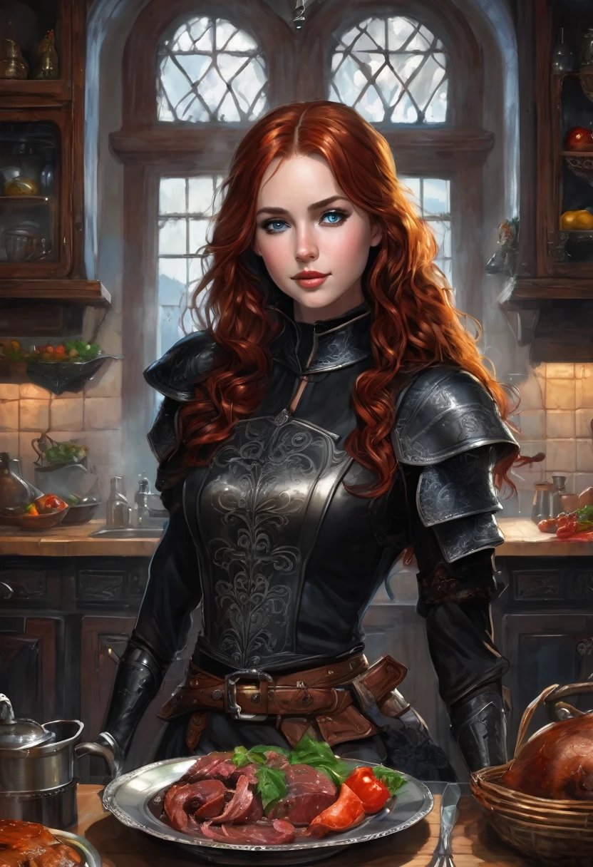 a super mega beautiful attractive cannibal young girl with round head, redhead curled long hair, short ,blue eyes, black collar, Medieval black leather armor,brown leather belt,black tight pants, black boots , she standing in kitchen and happy to carnivorous her boyfriend's meat on table, gothic, ultra realistic, romantic,the middle ages