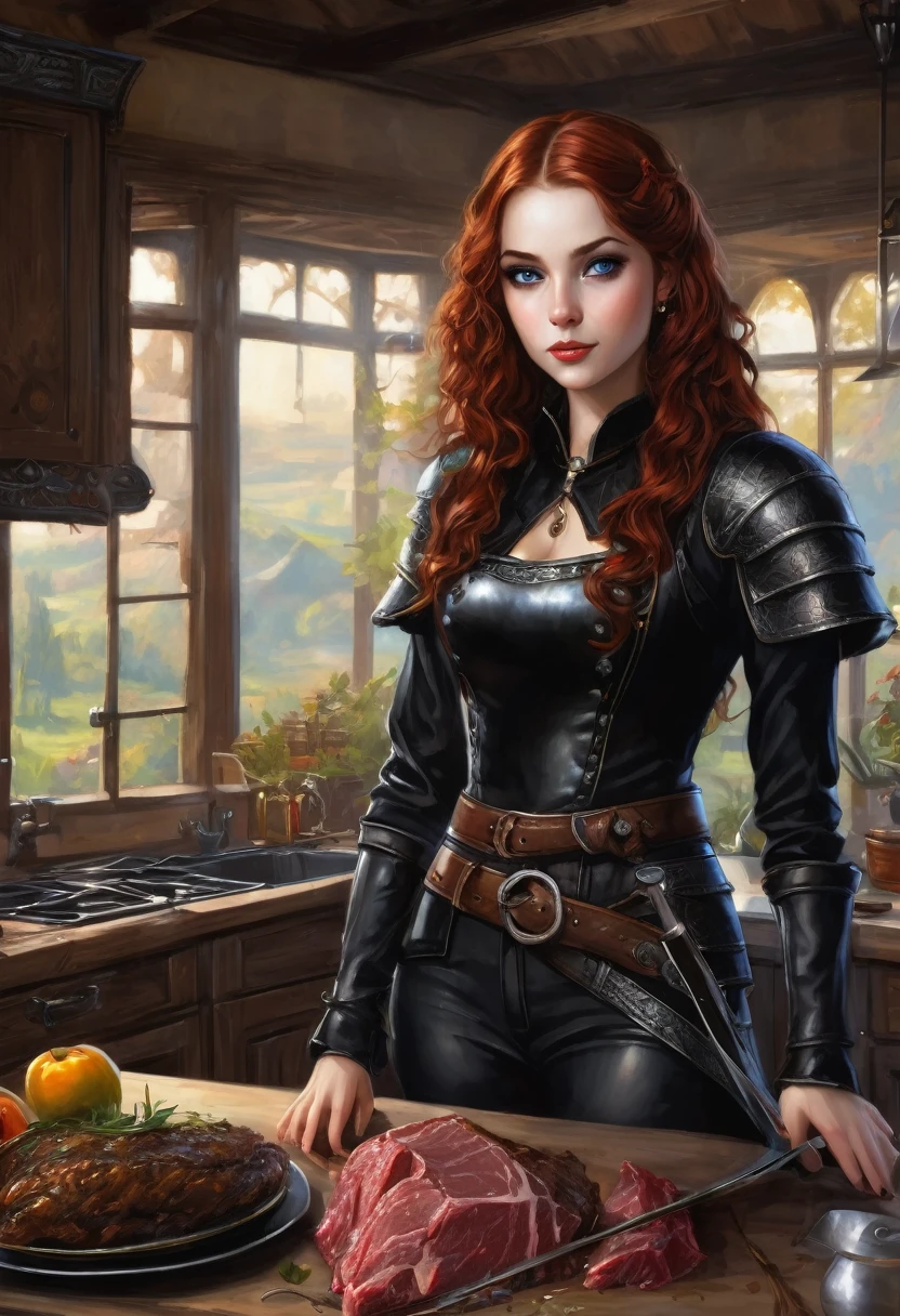 a super mega beautiful attractive cannibal young girl with round head, redhead curled long hair, short ,blue eyes, black collar,  Medieval black leather armor,brown leather belt,black tight pants, black boots , she standing in kitchen and happy to carnivorous her boyfriend's meat on table, gothic, ultra realistic, romantic,the middle ages