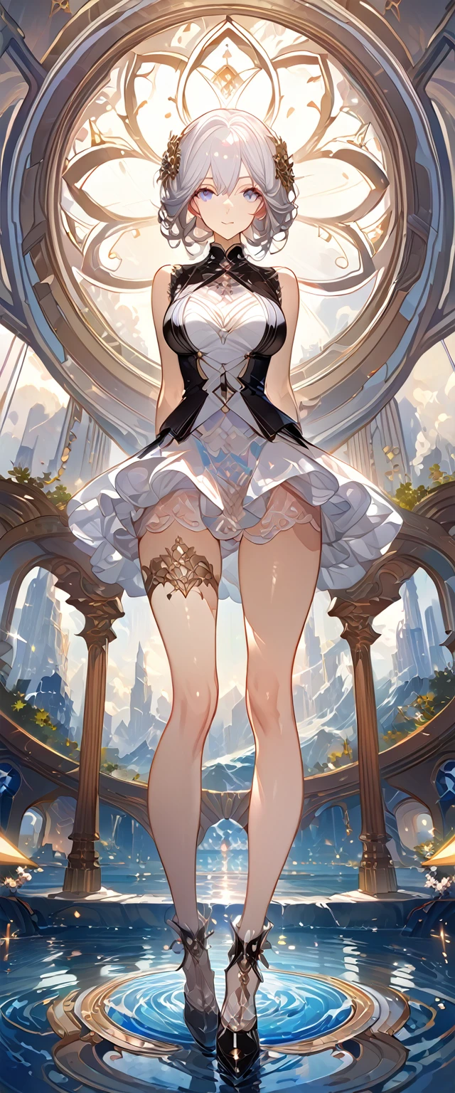 best quality ,masterpiece, illustration, an extremely delicate and beautiful, extremely detailed ,CG ,unity ,8k wallpaper, Amazing, finely detail, masterpiece, best quality, official art, extremely detailed CG unity 8k wallpaper, solo, thigh focus, (full body), arms behind back, white background, finely detailed face and eyes, extreme detail, detailed face, detailed hair, detailed clothes, high quality, slim body, big chest, water, masterpiece:1.3, focus:1.2, skirt, short skirt, transparent skirt, lace skirt, all kind of pose, big , hair ornament, meticulous clothes, inspired by Asukaziye artist : ask, art style : ask