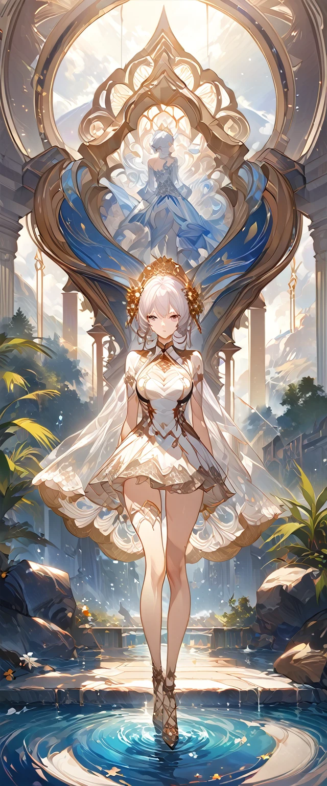 best quality ,masterpiece, illustration, an extremely delicate and beautiful, extremely detailed ,CG ,unity ,8k wallpaper, Amazing, finely detail, masterpiece, best quality, official art, extremely detailed CG unity 8k wallpaper, solo, thigh focus, (full body), arms behind back, white background, finely detailed face and eyes, extreme detail, detailed face, detailed hair, detailed clothes, high quality, slim body, big chest, water, masterpiece:1.3, focus:1.2, skirt, short skirt, transparent skirt, lace skirt, all kind of pose, big , hair ornament, meticulous clothes, inspired by Asukaziye artist : ask, art style : ask
