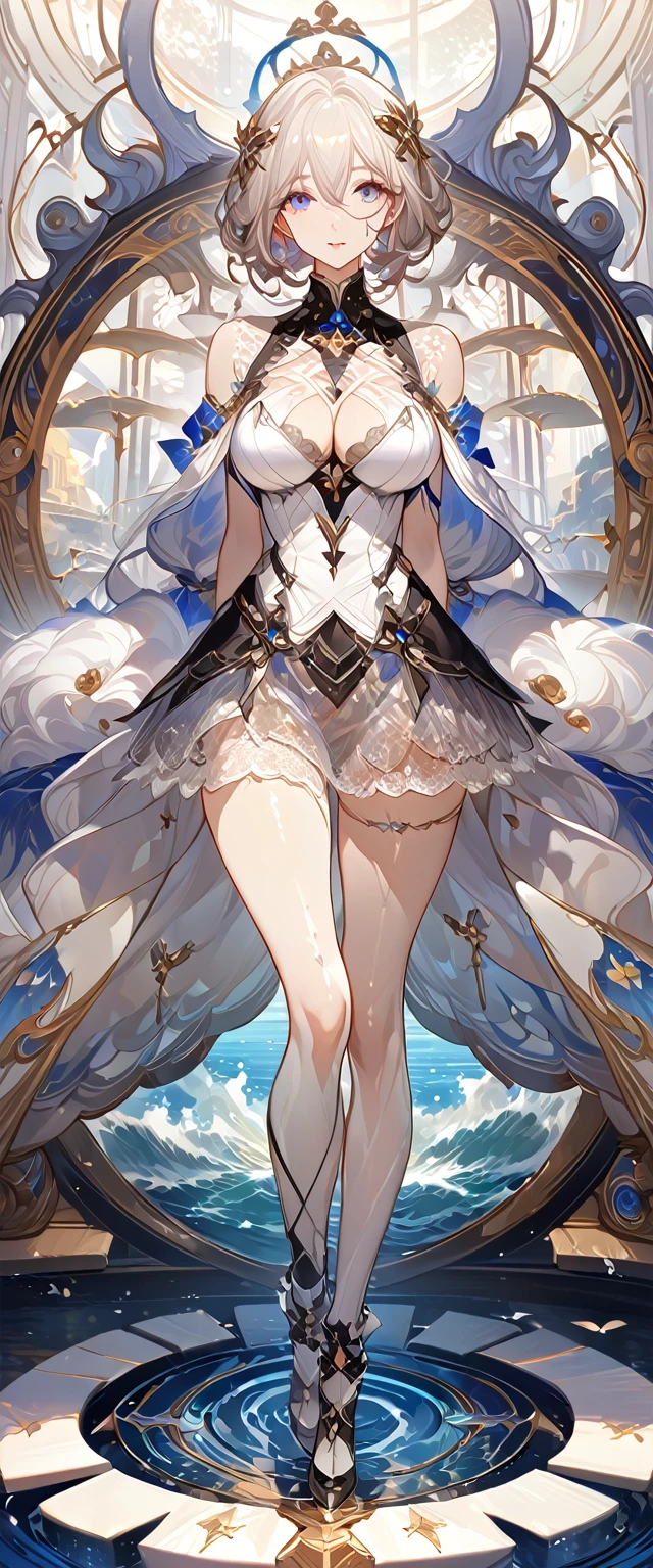 best quality ,masterpiece, illustration, an extremely delicate and beautiful, extremely detailed ,CG ,unity ,8k wallpaper, Amazing, finely detail, masterpiece, best quality, official art, extremely detailed CG unity 8k wallpaper, solo, thigh focus, (full body), arms behind back, white background, finely detailed face and eyes, extreme detail, detailed face, detailed hair, detailed clothes, high quality, slim body, big chest, water, masterpiece:1.3, focus:1.2, skirt, short skirt, transparent skirt, lace skirt, all kind of pose, big , hair ornament, meticulous clothes, inspired by Asukaziye artist : ask, art style : ask