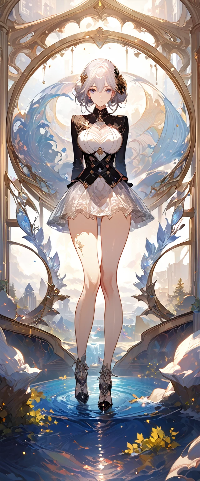 best quality ,masterpiece, illustration, an extremely delicate and beautiful, extremely detailed ,CG ,unity ,8k wallpaper, Amazing, finely detail, masterpiece, best quality, official art, extremely detailed CG unity 8k wallpaper, solo, thigh focus, (full body), arms behind back, white background, finely detailed face and eyes, extreme detail, detailed face, detailed hair, detailed clothes, high quality, slim body, big chest, water, masterpiece:1.3, focus:1.2, skirt, short skirt, transparent skirt, lace skirt, all kind of pose, big , hair ornament, meticulous clothes, inspired by Asukaziye artist : ask, art style : ask